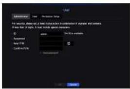 User Administration User Protection Status Pre security, please set up a key to choose to combination of security and security. If not free or off, it must include special requirements. C <|vision_start|> Password New User Continue User Default
