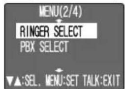 MENU(2/4) RINGER SELECT PBX SELECT ▼▲:SEL. MENU:SET TALK:EXIT