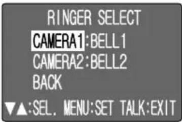 RINGER SELECT CAMERA1:BELL1 CAMERA2:BELL2 BACK ▼▲:SEL. MENU:SET TALK:EXIT