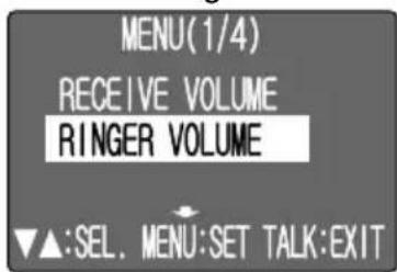 MENU (1/4) RECEIVE VOLUME RINGER VOLUME ▼▲:SEL. MENU:SET TALK:EXIT
