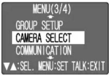 MENU (3/4) GROUP SETUP CAMERA SELECT COMMUNICATION ▼▲:SEL. MENU:SET TALK:EXIT