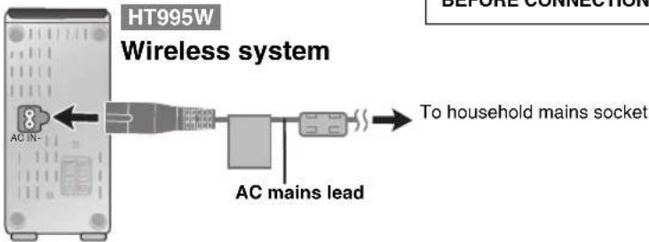 HT995W, Wireless system, AC IN-, 8, AC mains lead, To household mains socket, BEFORE CONNECTIONS