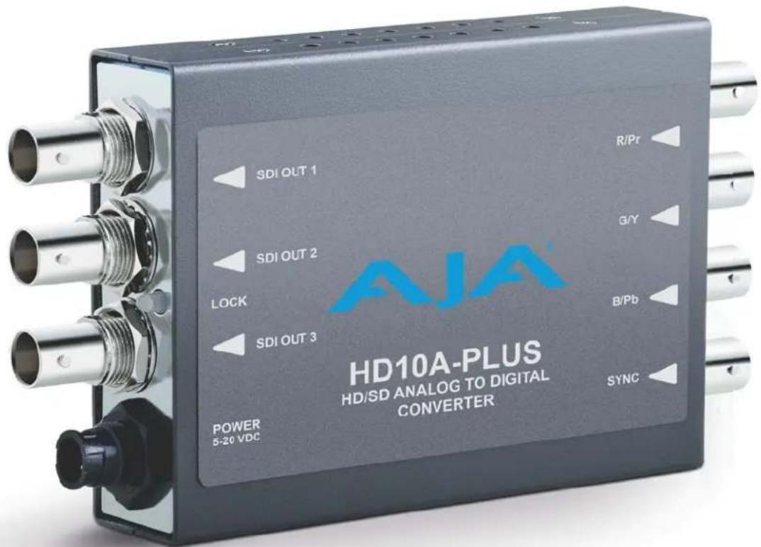 SDI OUT 1 R/Pr SDI OUT 2 G/Y LOCK B/Pb SDI OUT 3 AJA HD10A-PLUS HD/SD ANALOG TO DIGITAL CONVERTER POWER 5-20 VDC SYNC