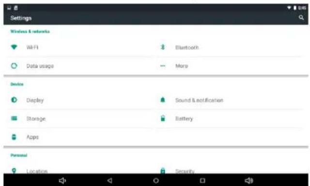 Settings Wireless & networks WiFi Bluetooth Data usage More Device Display Sound & notification Storage Battery Apps Personal Location Security