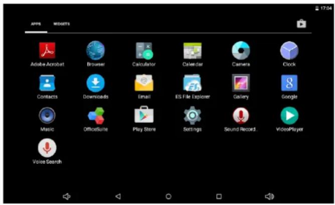 APPLES WIDGETS 17:04 Adobe Acrobat Browser Calculator Calendar Camera Clock Contacts Downloads Email ES File Explorer Gallery Google Music OfficeSuite Play Store Settings Sound Record... VideoPlayer Voice Search