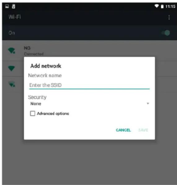 Add network Network name Enter the SSiD Security None Advanced options CANCEL SAVE
