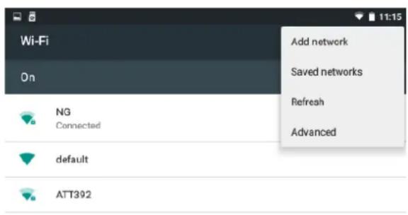 Wi-Fi On Add network Saved networks Refresh Advanced NG Connected default ATT392