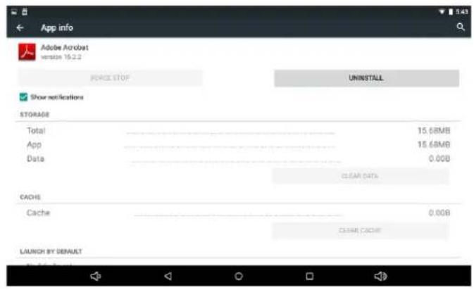 App info Adobe Acrobat version 16.2.2 FORCE STOP UNINSTALL Show notifications STORAGE Total 15.68MB App 15.68MB Data 0.00B CLEAR DATA CACHE Cache 0.00B CLEAR CACHE LAUNCH BY DEFAULT