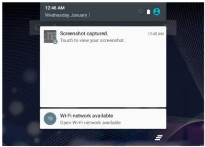 12:46 AM Wednesday, January 1 Screenshot captured. Touch to view your screenshot. 12:45 AM Wi-Fi network available Open Wi-Fi network available