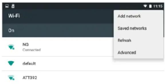 Wi-Fi Dn NG Connected default ATT392 Add network Saved networks Refresh Advanced