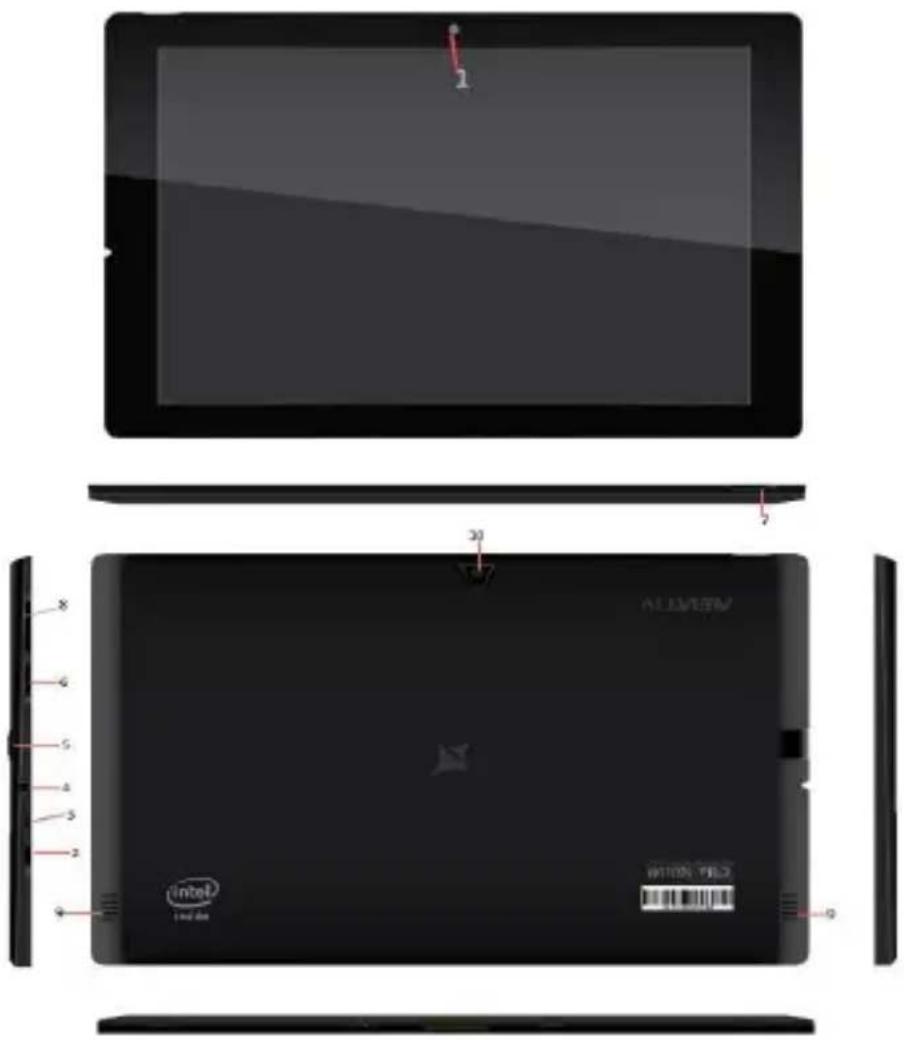 Technical diagram of a tablet device with labeled components and parts, including Lenovo branding and Intel branding.