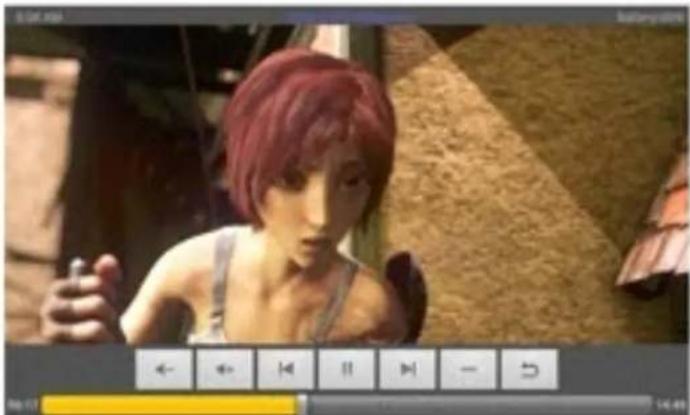Video player interface showing a character with red hair and playback controls, with Chinese UI elements