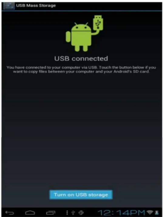 USB Mass Storage USB connected You have connected to your computer via USB. Touch the button below if you want to copy files between your computer and your Android's SD card. Turn on USB storage