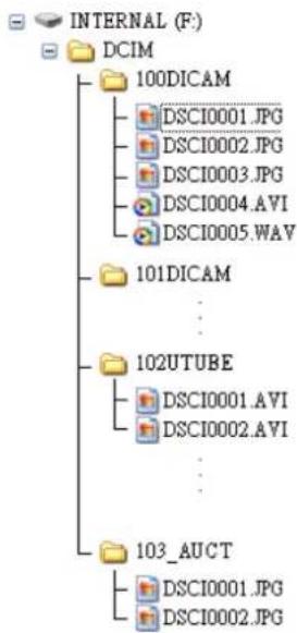 INTERNAL (F:) DCIM 100DICAM DSCI0001.JPG DSCI0002.JPG DSCI0003.JPG DSCI0004.AVI DSCI0005.WAV 101DICAM ... 102UTUBE DSCI0001.AVI DSCI0002.AVI ... 103_AUCT DSCI0001.JPG DSCI0002.JPG
