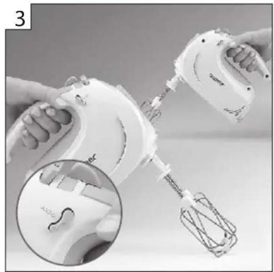 Close-up of hands using a white manual hand mixer with a magnified inset showing the handle (no text or symbols visible)