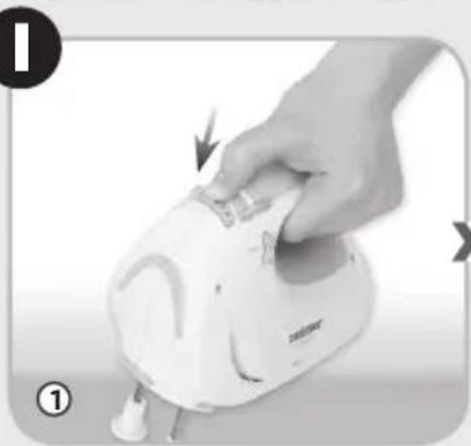 Hand holding a white electronic device with a button, showing a close-up of the handle (no visible text or symbols)