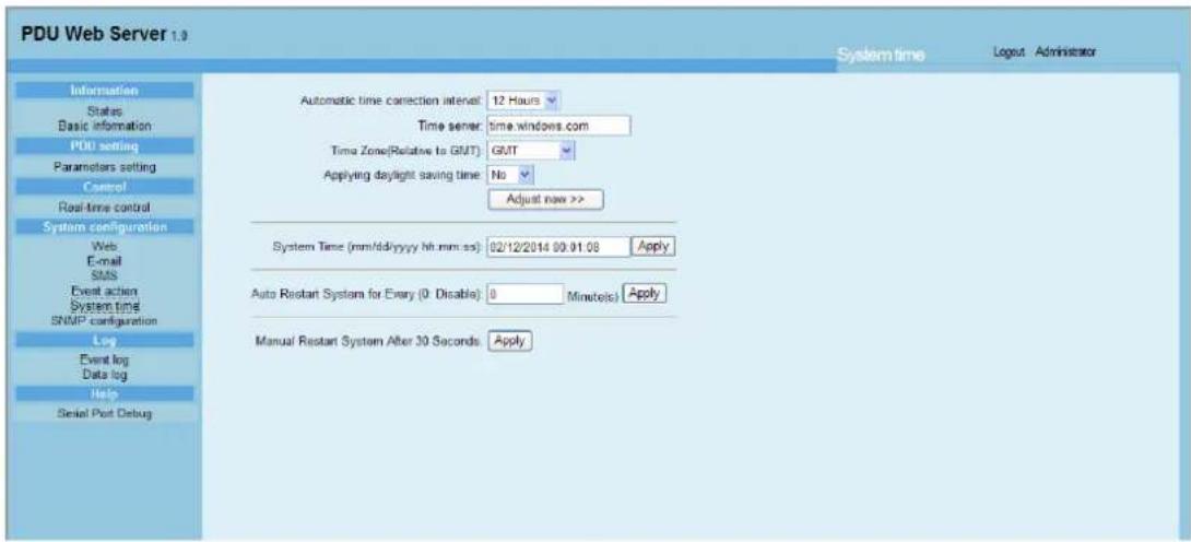 PDU Web Server 1.0 System time Login Administrator Information Status Basic information PDU setting Parameters setting Control Real-time control System configuration Web E-mail SMS Event action System time SNMP configuration Log Event log Data log Help Serial Port Debug Automatic time correction int…