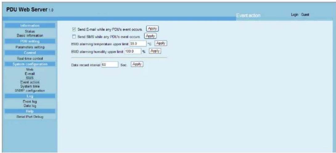 PDU Web Server 1.0 Event action Login Guest Information Status Basic information PDU setting Parameters setting Control Real-time control System configuration Web E-mail SMS Event action System time SNMP configuration Log Event log Data log Help Serial Port Debug Send E-mail while any PDU's event oc…