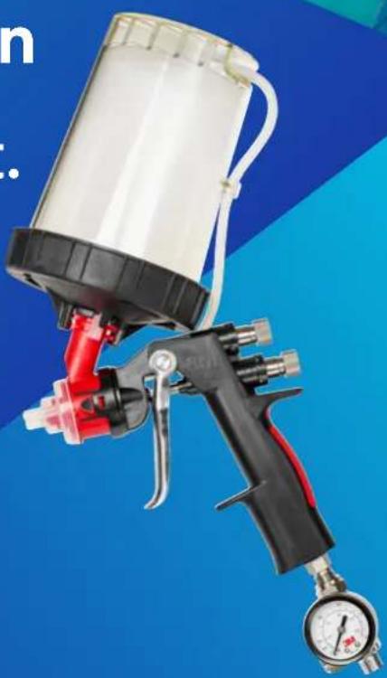 Close-up of a spray gun with red and black components against a blue background (no text or symbols visible)
