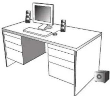 Line drawing of a desktop computer with monitor, speakers, and speaker tower (no text or symbols)
