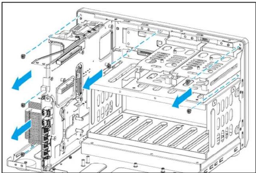 Technical diagram of a server rack with heat exchangers and ventilation ducts (no text or labels)