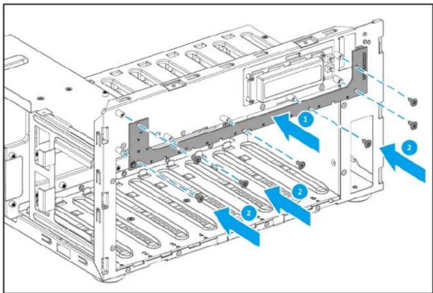 Technical diagram of a server rack with labeled components and directional arrows indicating movement or flow.