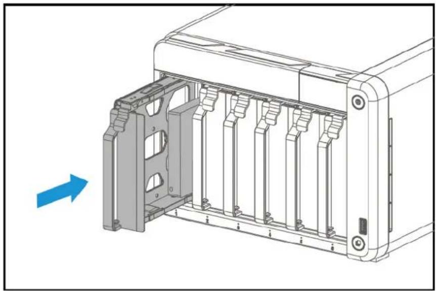 Technical line drawing of a mechanical device with internal components and a blue arrow indicating direction (no text or symbols)