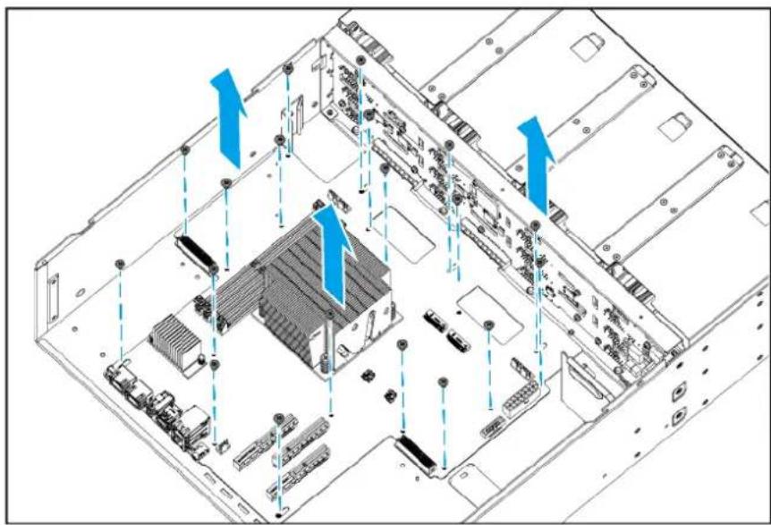 Technical diagram of an internal server rack with highlighted components and blue arrows indicating assembly or connection points (no text or symbols present)