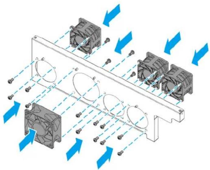 Diagram of a mechanical fan assembly with multiple fans and directional arrows indicating airflow or movement (no text or symbols present)