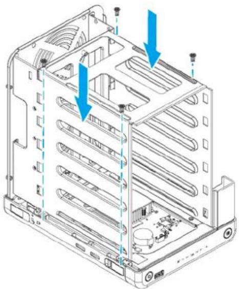 Technical line drawing of a computer tower case with blue arrows indicating mounting points (no text or symbols present)