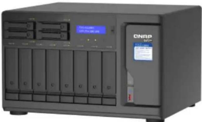 Exterior view of a black QNAP server with multiple drive racks and a digital display (no readable text or symbols on the device body)