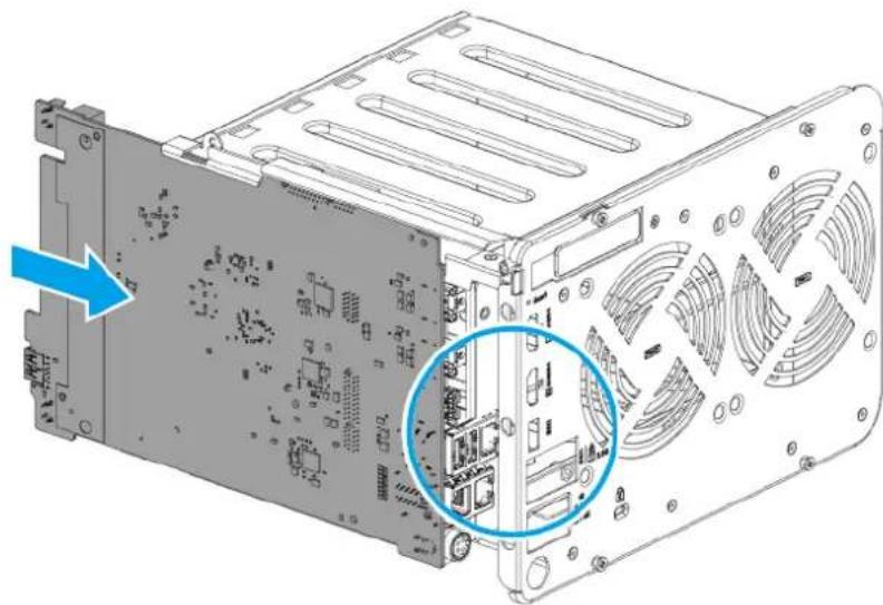 Technical diagram of a computer drive chassis showing internal components and a blue arrow indicating a specific part (no text or symbols present)