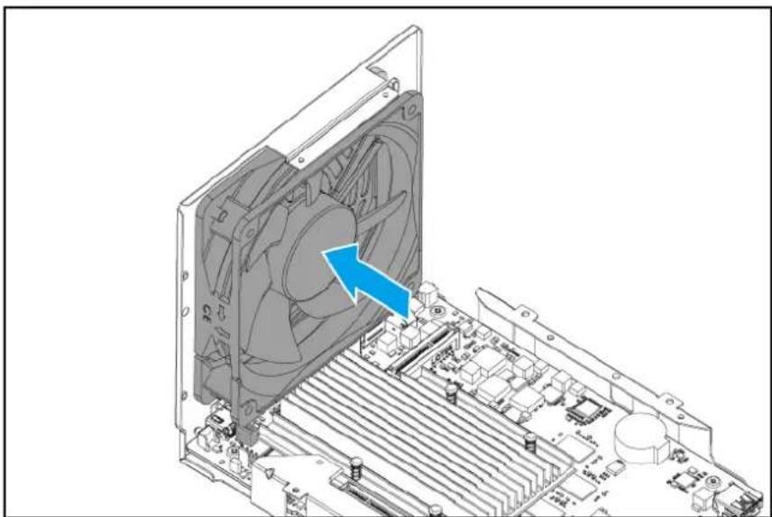 Diagram of a computer motherboard showing a fan emerging from the drive, with a blue arrow indicating the component (no text or symbols present)