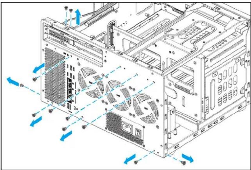 Technical diagram of a computer tower case with visible drive bays and fan structures (no text or labels)
