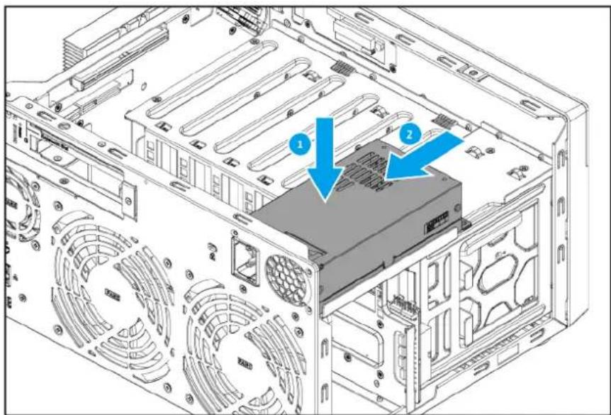 Technical diagram of a computer tower with labeled components and directional arrows indicating assembly or installation.