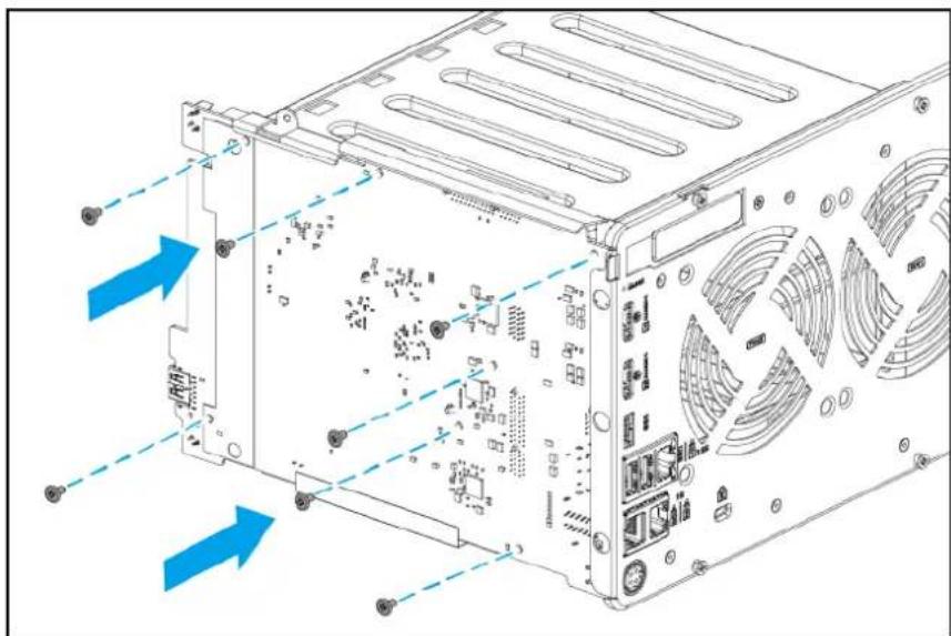 Technical diagram of a computer tower case with visible internal components and blue directional arrows indicating motion (no text or symbols)