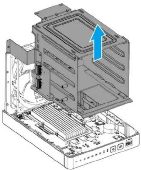3D diagram of a computer tower with visible internal components and an upward arrow indicating a component (no text or symbols present)