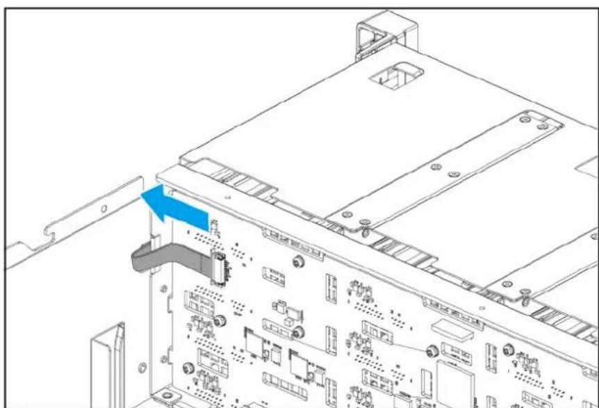 Technical line drawing of an electronic device rear panel with labeled components and a blue arrow indicating a specific component (no text or symbols present)