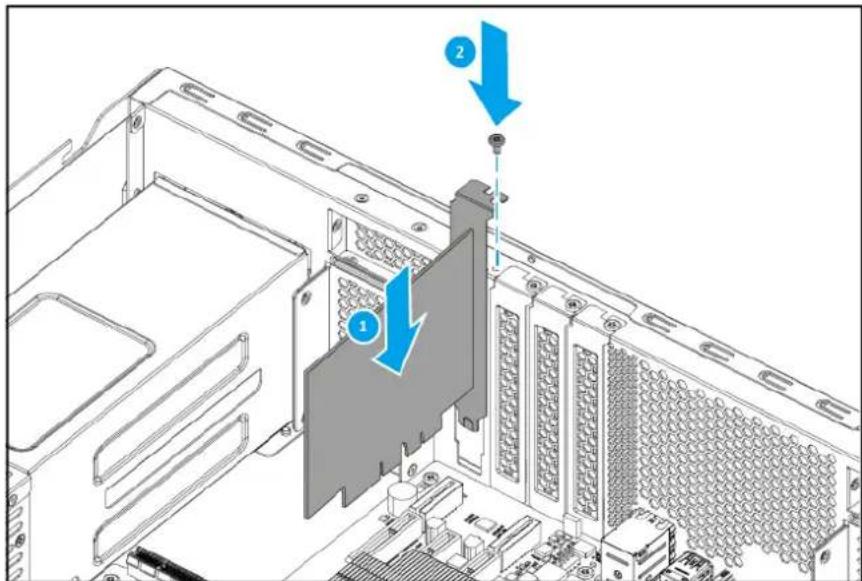 Technical diagram showing a computer tower with labeled components and directional arrows indicating movement or assembly.