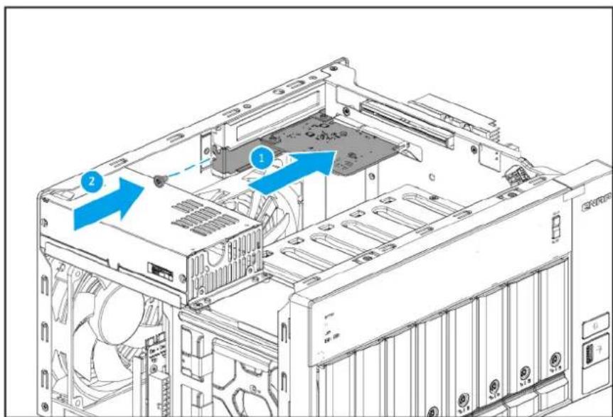 Technical diagram of a computer tower with labeled components and directional arrows indicating assembly or movement.