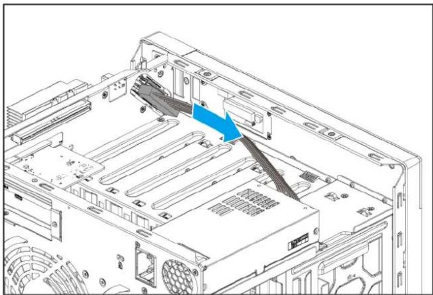 Technical line drawing of a computer tower internal structure showing drive bays and ventilation slots (no text or symbols)