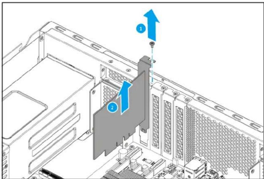 Technical diagram showing a computer tower with labeled components and directional arrows indicating assembly or installation steps.