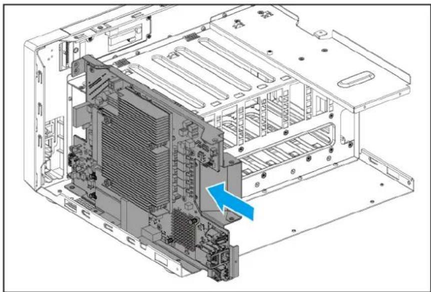 Technical diagram of an internal computer chassis showing CPU socket, drive bays, and ventilation slots (no text or labels)