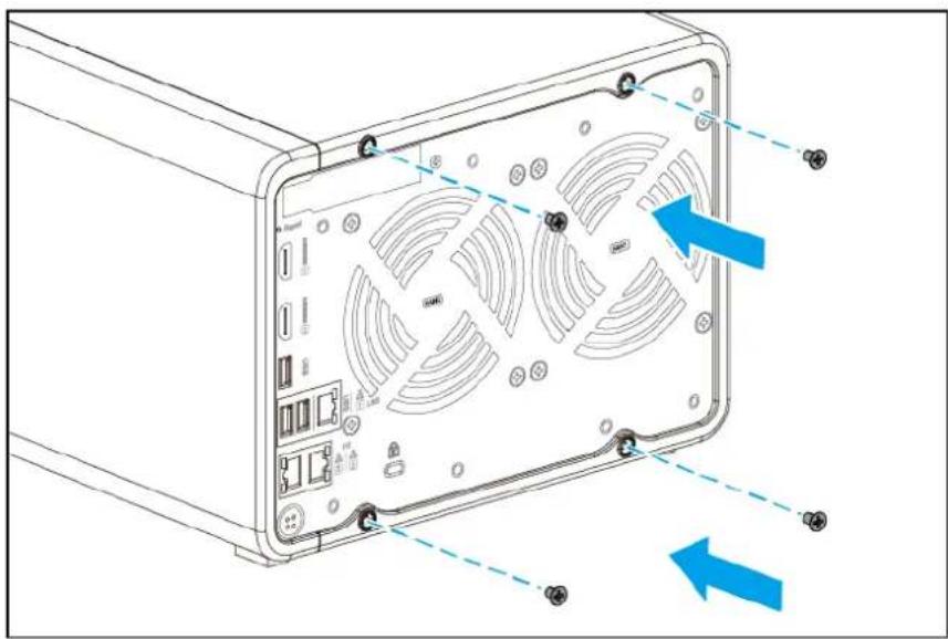 Diagram of a computer rear panel with labeled ports and fan patterns, showing blue arrows indicating directional movement.