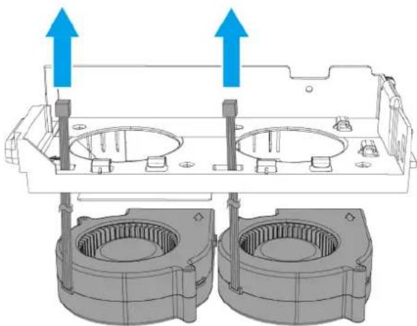 Technical diagram of a mechanical assembly with two circular components and blue directional arrows indicating motion or force (no text or symbols present)