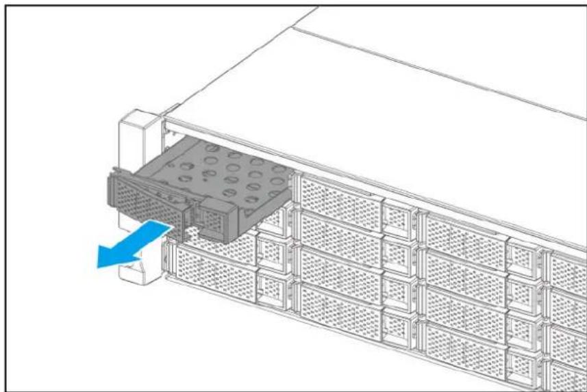 Technical diagram of a server rack with internal storage unit and blue directional arrow indicating movement (no text or symbols)