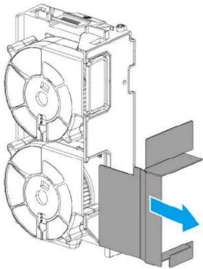Technical line drawing of a multi-chamber electric fan assembly with a blue directional arrow indicating flow or movement (no text or symbols present)