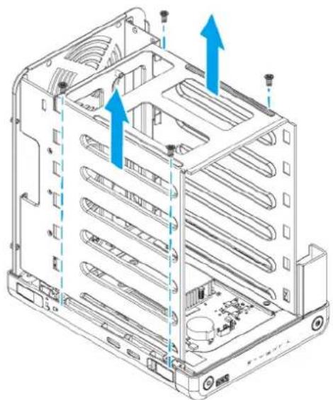 Technical line drawing of a server rack with blue arrows indicating mounting points (no text or symbols present)