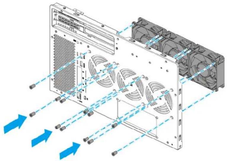 3D diagram of an internal server rack with fan array and ventilation ducts, showing blue directional arrows indicating airflow or movement (no text or symbols present)