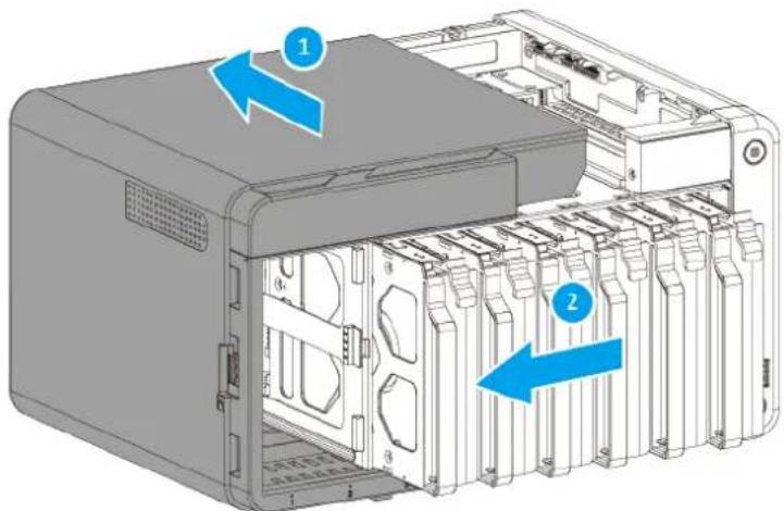 Diagram of a server rack with labeled components and directional arrows indicating file orientation or movement.